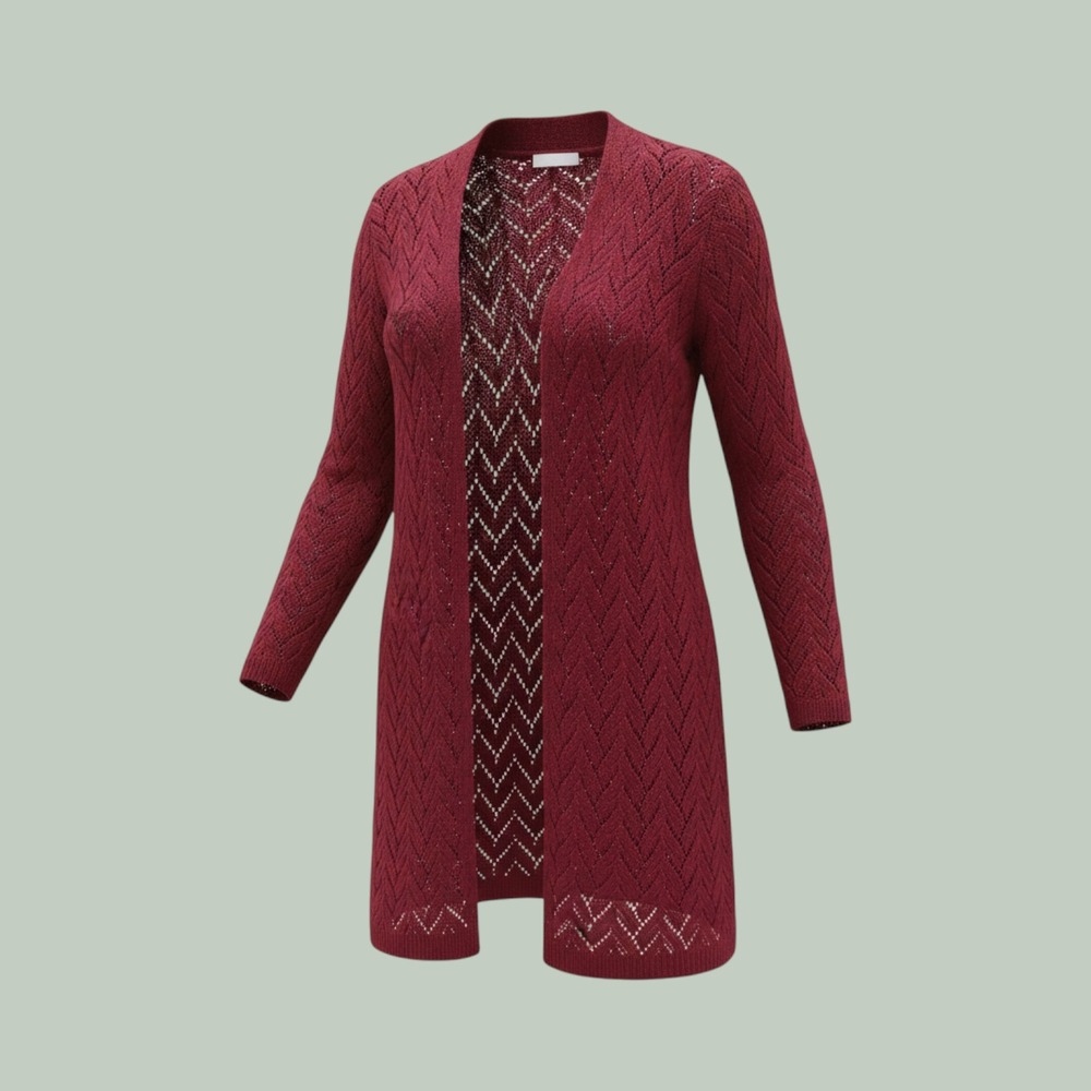 Grandma Core Chevron Pointelle Open Front Cardigan Women Large Red Leo & Nicole